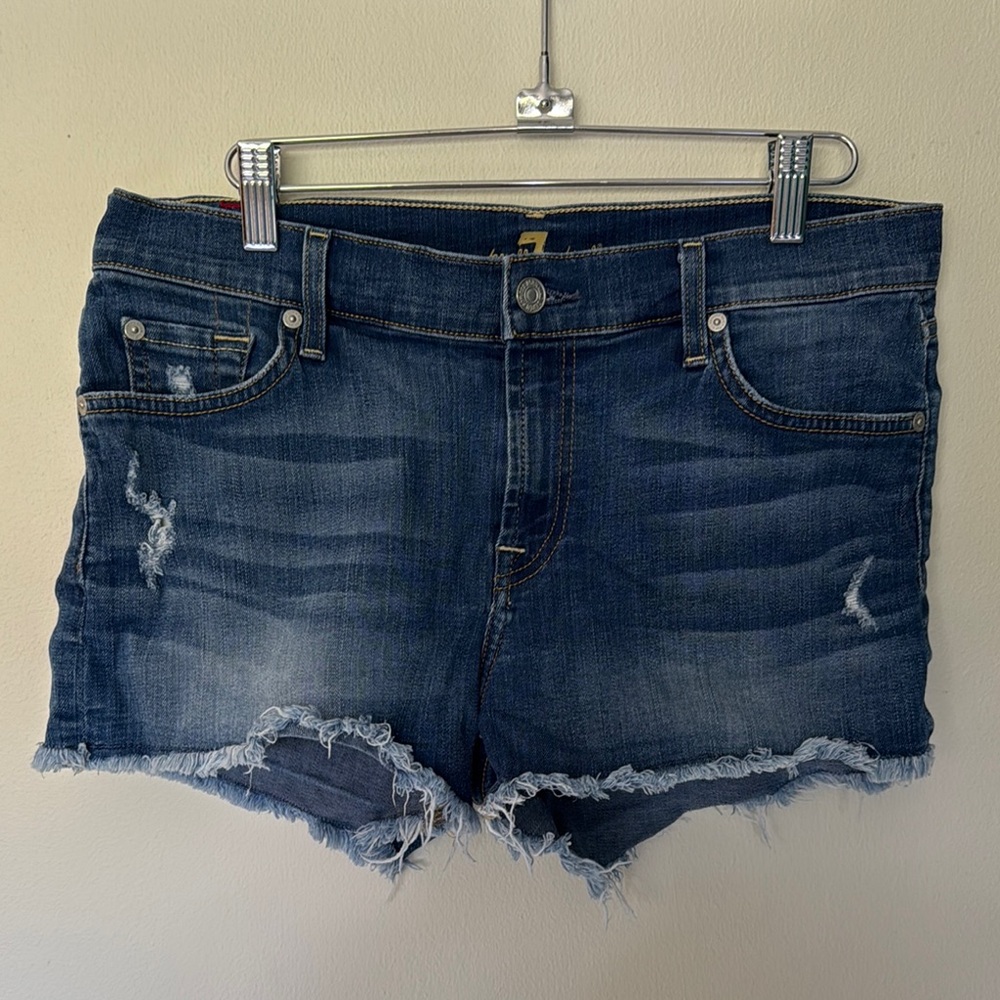 7 For All Mankind Blue Distressed Jean Shorts